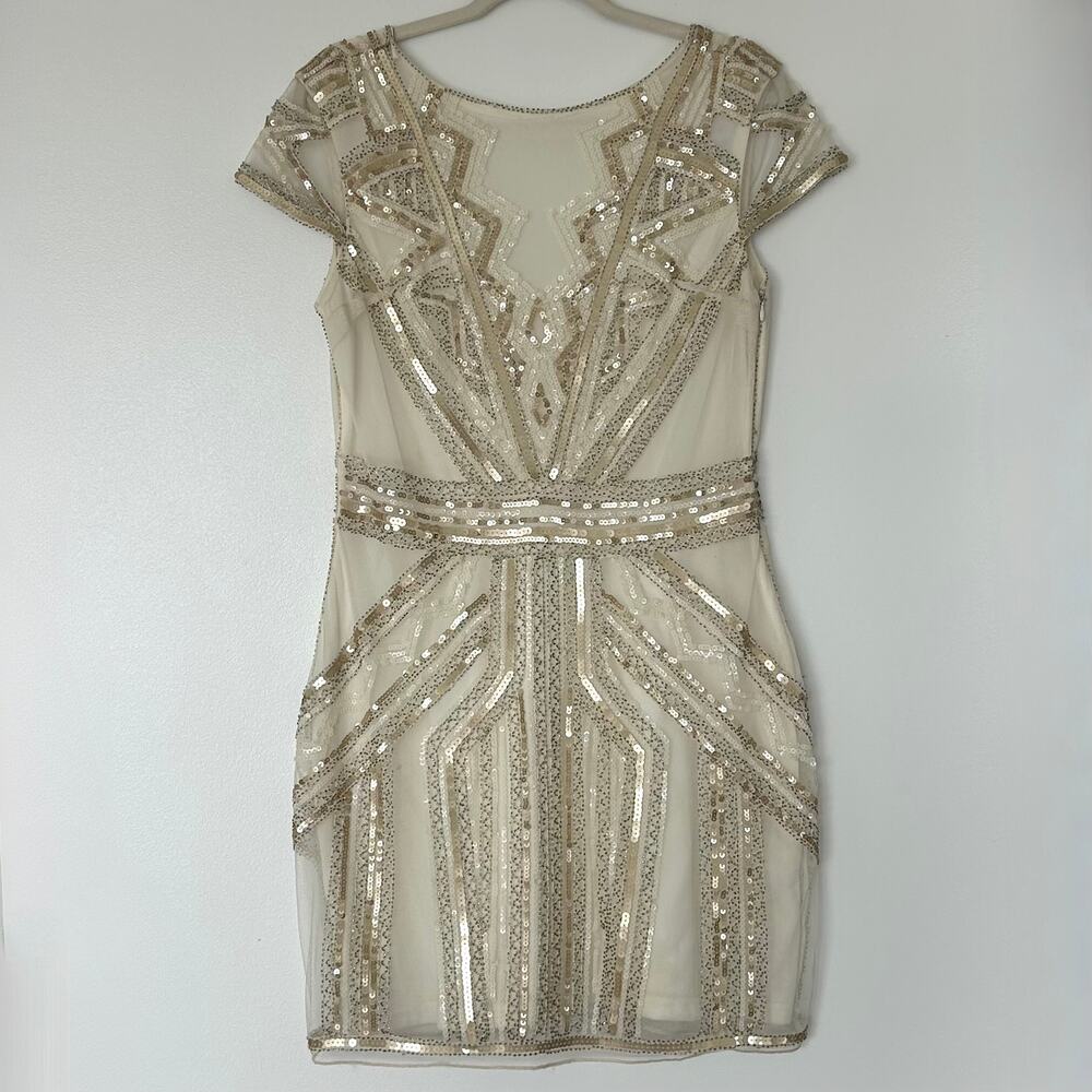 Alya‎ Sequin Beaded Mini Dress Ivory Gold Art Deco Bodycon